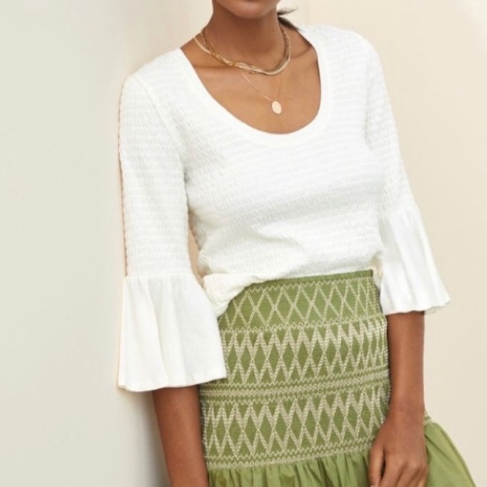 Anthropologie Ivory Smocked Bell Sleeve Blouse